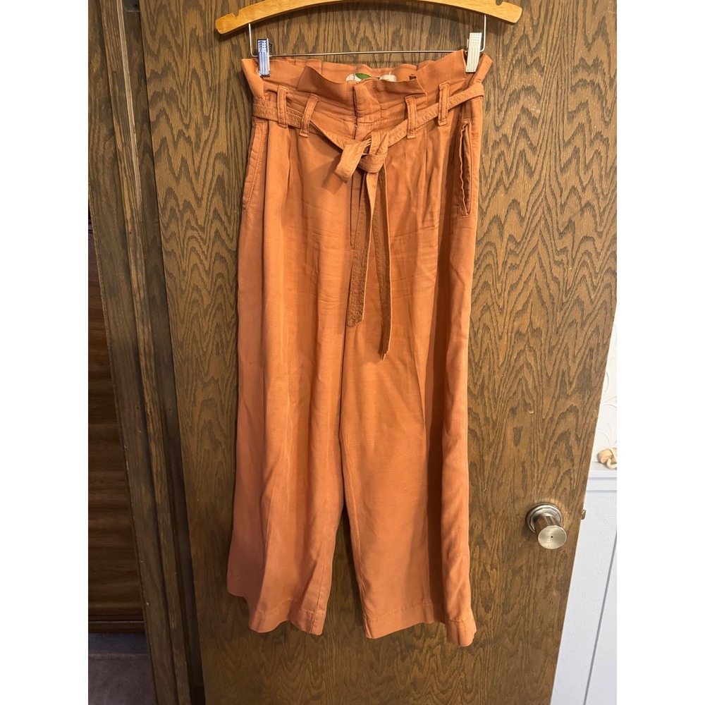 Anthropologie High Waisted Wide Leg Cropped Pants Paperbag Waist Rust Orange 8